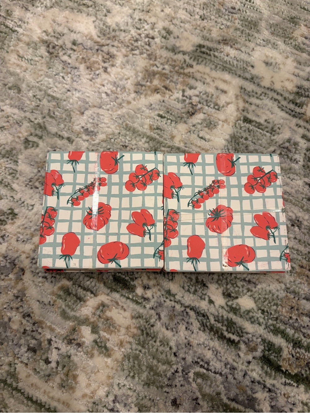 Two sets of 4 Tomato Print Ceramic Coasters - Red & Green